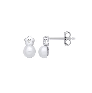 Silver CZ & Fresh Water Pearl Star Stud Earrings