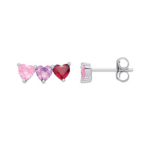 Silver CZ Garnet, Amethyst & Pink Triple Heart Stud Earrings