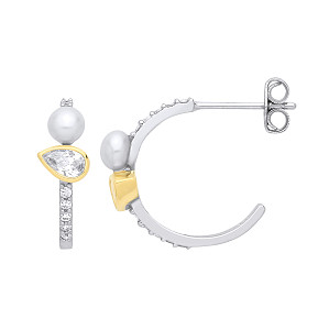Silver & 18K Gold Plated CZ & Fresh Water Pearl Half Hoop Earrings