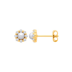 18K Gold Plated CZ & Fresh Water Pearl Flower Stud Earrings