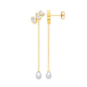 18K Gold Plated CZ & Fresh Water Pearl Chain Drop Earrings