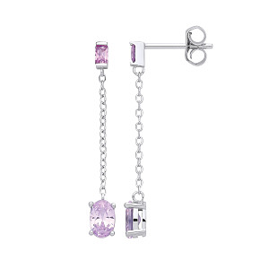 Silver CZ Amethyst & Light Red Chain Drop Earrings