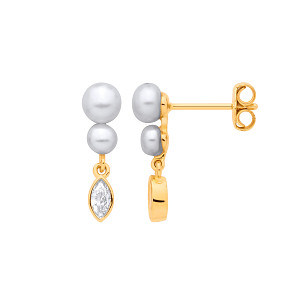 18K Gold Plated CZ & Fresh Water Pearl 3.5-4mm Drop Earrings