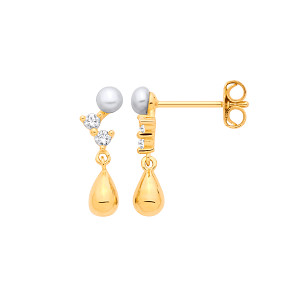 18K Gold Plated CZ & Fresh Water Pearl 3-3.5mm Drop Earrings