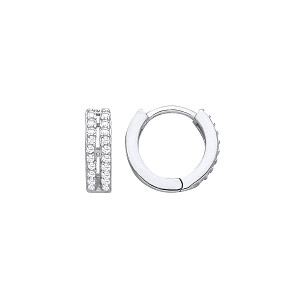 Silver CZ Double Row Huggie Hoop Earrings