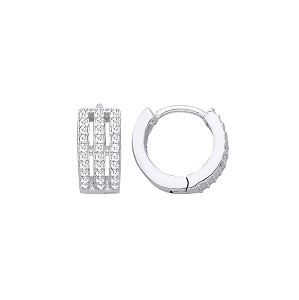 Silver CZ Triple Row Huggie Hoop Earrings