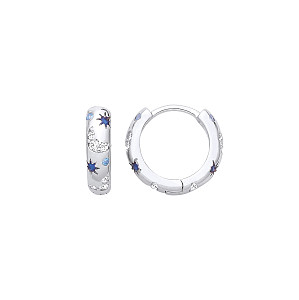 Silver CZ & Sapphire Star Huggie Hoop Earrings