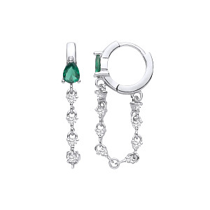 Silver CZ& Emerald Chain Drop Mini Huggie Hoop Earrings