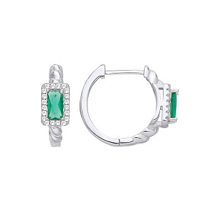 Silver CZ & Emerald Huggie Hoop Earrings