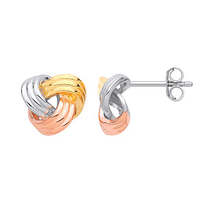 Silver, Gold Plated & Rose Gold Plated Tri-Colour Knot Stud Earrings