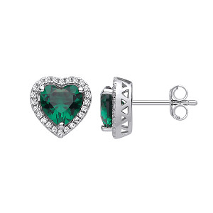Silver CZ & Emerald Heart Stud Earrings