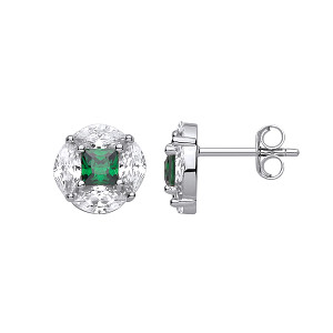 Silver CZ & Emerald Round Stud Earrings