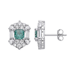 Silver CZ & Aquamarine Snowflake Halo Stud Earrings
