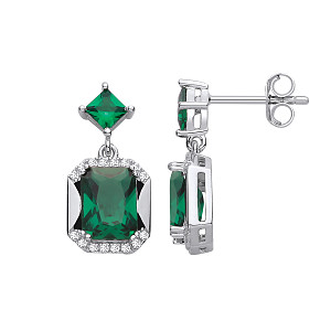Silver CZ & Emerald Fancy Drop Earrings