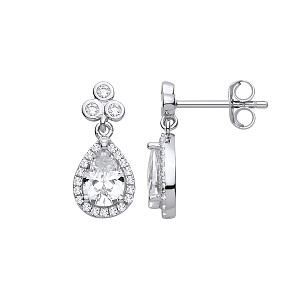 Silver CZ Pear Cut Halo Drop Earrings