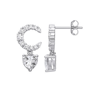 Silver CZ Moissanite Moon Star Heart Drop Earrings