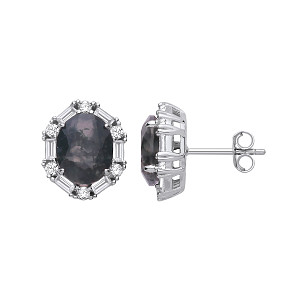 Silver CZ & Moss Agate Oval Cut Stud Earrings