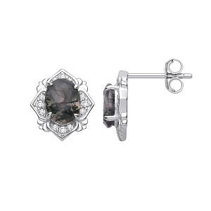 Silver CZ & Moss Agate Oval Cut Stud Earrings