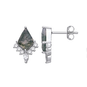 Silver CZ & Moss Agate Kite Cut Stud Earrings