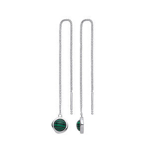 Silver Thread Through Chain Dangle Earring With Synthetic Malachite Stone