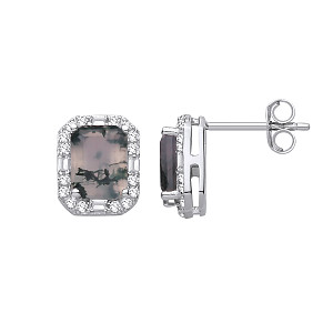 Silver CZ & Moss Agate Fancy Stud Earrings