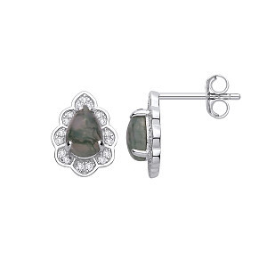 Silver CZ & Moss Agate Teardrop Stud Earrings