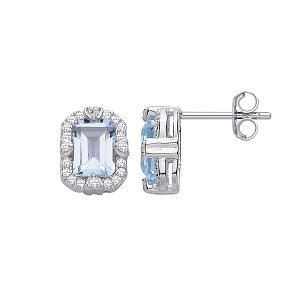 Silver CZ & Sky Blue Topaz Halo Cluster Stud Earrings