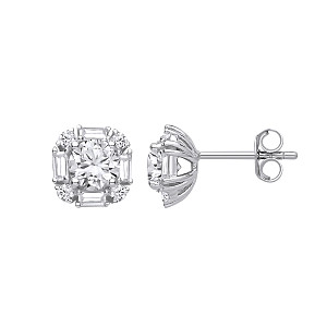 Silver CZ  Halo Asscher Cut Stud Earrings