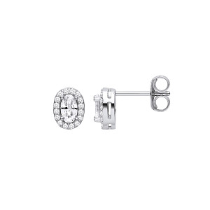 Silver CZ Oval Stud Earrings