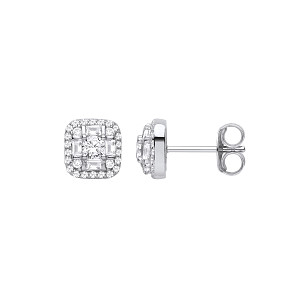 Silver CZ Round & Baguette Square Cluster Stud Earrings