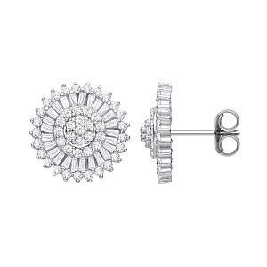Silver CZ Round & Baguette Cluster Stud Earrings