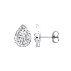 Silver CZ Pear Drop Cluster Stud Earrings