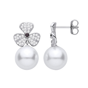 Silver CZ 3 Leaf Clover Freshwater Pearl Drop Earrings