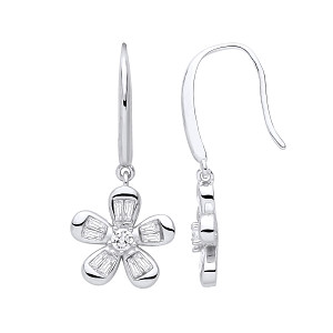 Silver CZ Flower Drop Earrings