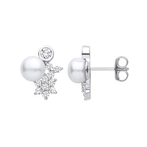 Silver CZ Cluster & Freshwater Pearl Stud Earrings