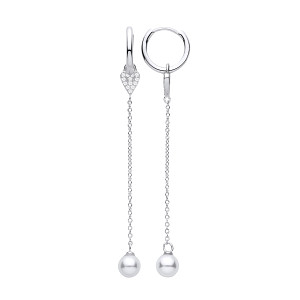 Silver CZ Heart & Freshwater Pearl Chain Drop Earrings