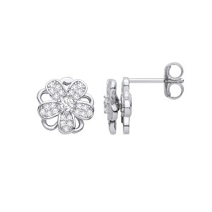 Silver CZ Spinning Flower Stud Earrings