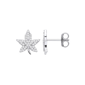 Silver CZ Maple Leaf Stud Earrings