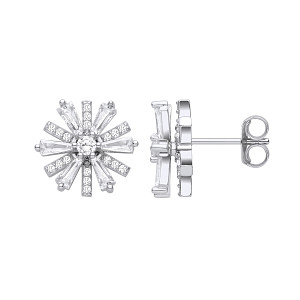 Silver CZ Round & Baguette Spinning Flower Stud Earrings