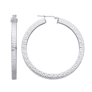 Silver 40mm Greek Key Square Tube Hoop Earrings