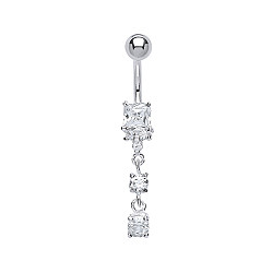 925 Sterling Silver Cubic Zirconia Square & Round Stone Drop Navel Bar