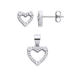 Silver CZ Heart Stud Earrings & Pendant Set