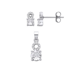 Silver CZ Fancy Stud Earrings & Pendant Set