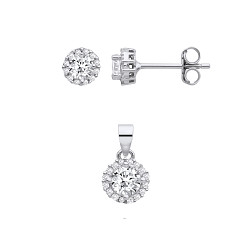 Silver CZ Round Stud Earrings & Pendant Set