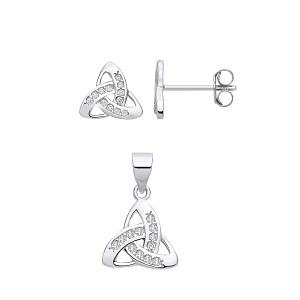 Silver CZ Celtic Trinity Knot Stud Earring & Pendant Set