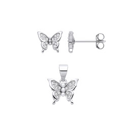 Silver CZ Butterfly Stud Earring & Pendant Set