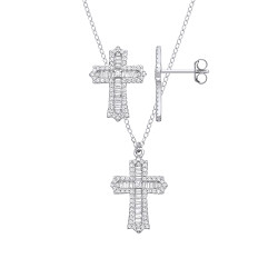 Silver CZ Baguette & Round Cross Earring & Pendant Set
