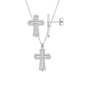 Silver CZ Baguette & Round Cross Earring & Pendant Set