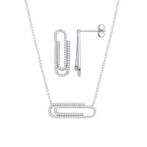 Silver CZ Paperclip Earring & Pendant Set