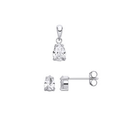 Silver CZ Pear Drop Stud Earring & Pendant Set